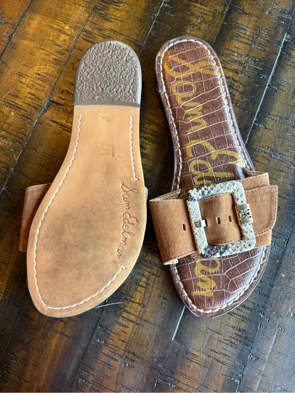 Sam Edelman Tan Suede Slide Sandals with Snakeskin Buckles - Picture 3 of 5